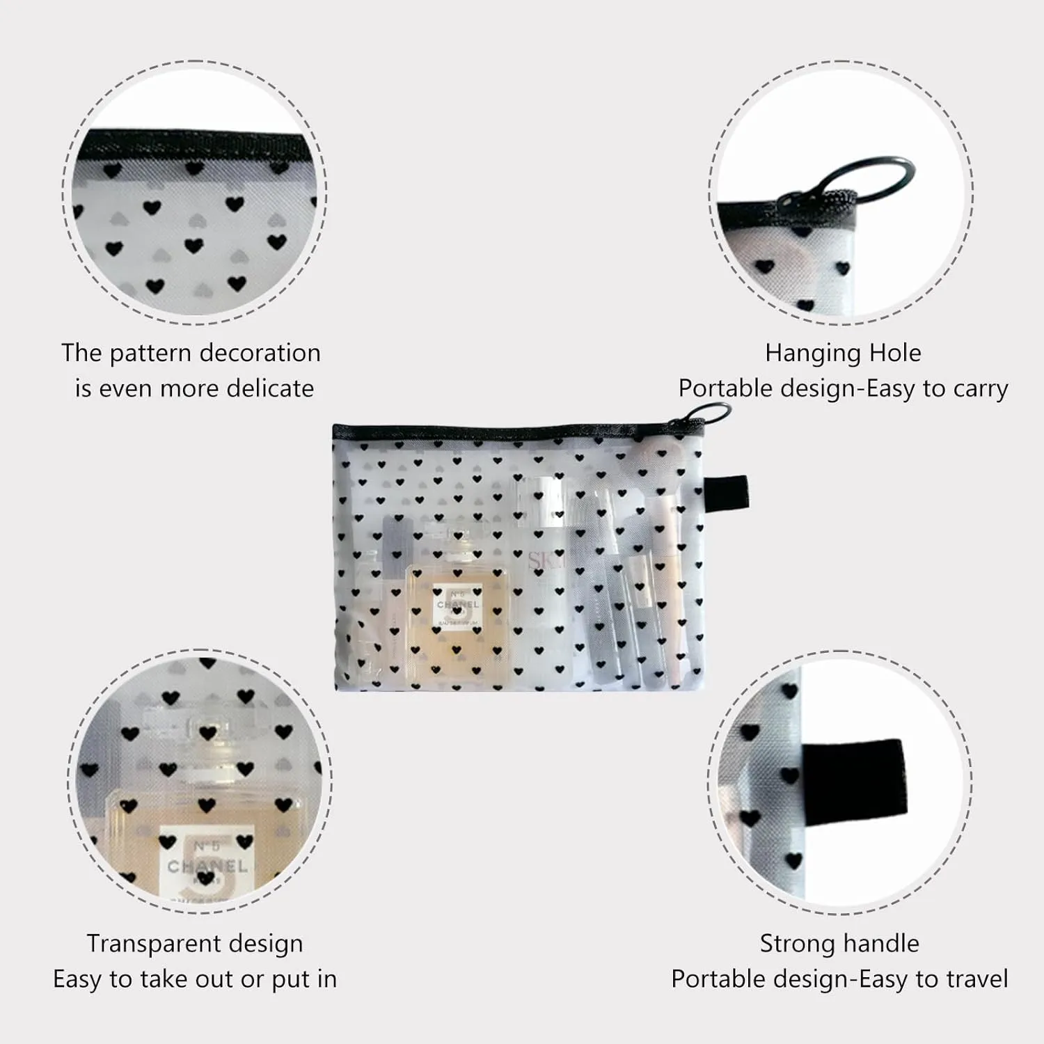 4-Piece Heart Printed Mesh Makeup Bag Set, Portable Travel Mesh Cosmetic Bags Toiletry Bags Makeup Purse Bags Mesh Zipper Storage Pouches for Home Offices Travel Accessories (White)
