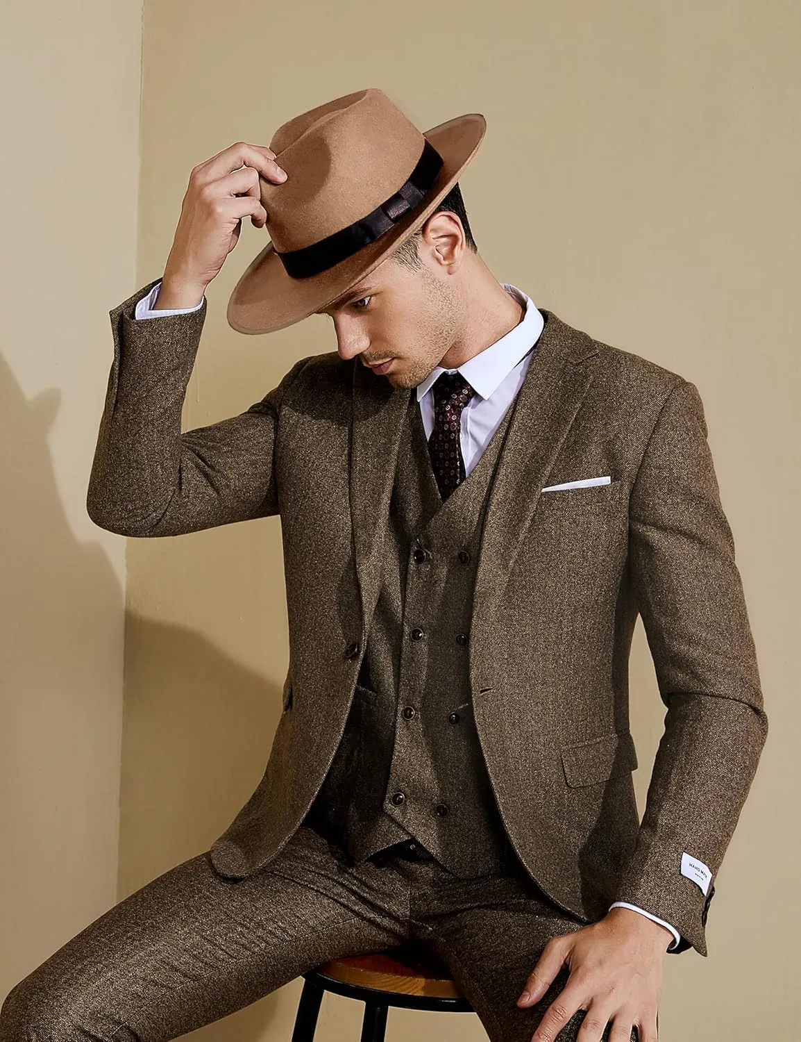 BABEYOND 1920s Fedora Hat for Men Gatsby Wide Brim Fedora Hat Felt Panama Cap with Band for Women Men