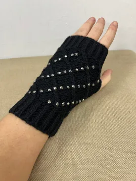 Diamanté Fingerless Gloves - Black