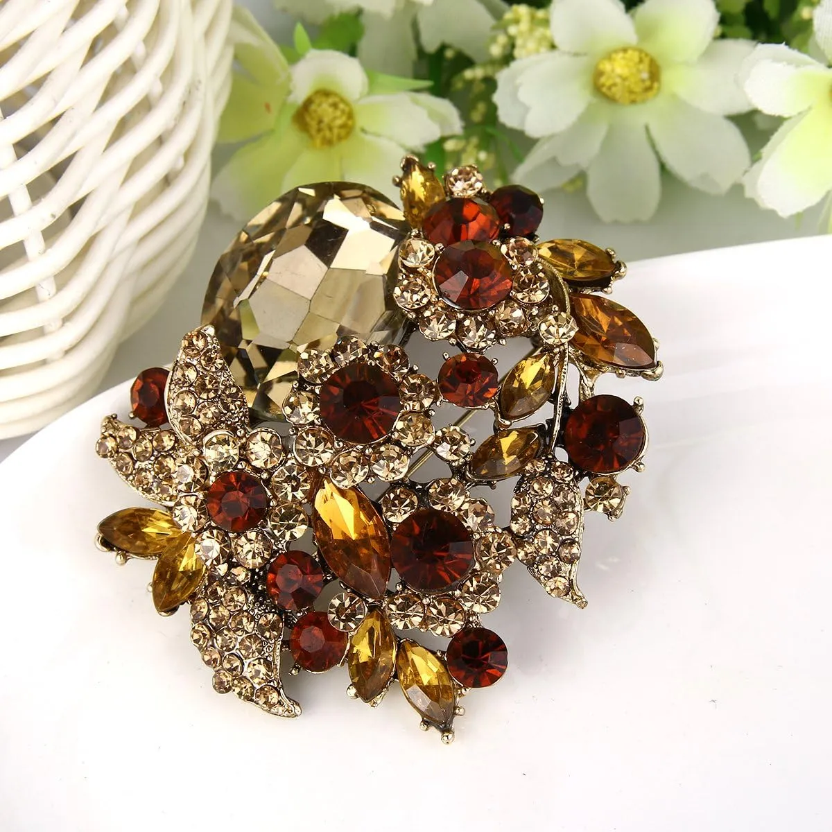 EVER FAITH Rhinestone Crystal Party Flower Leaf Vine Brooch