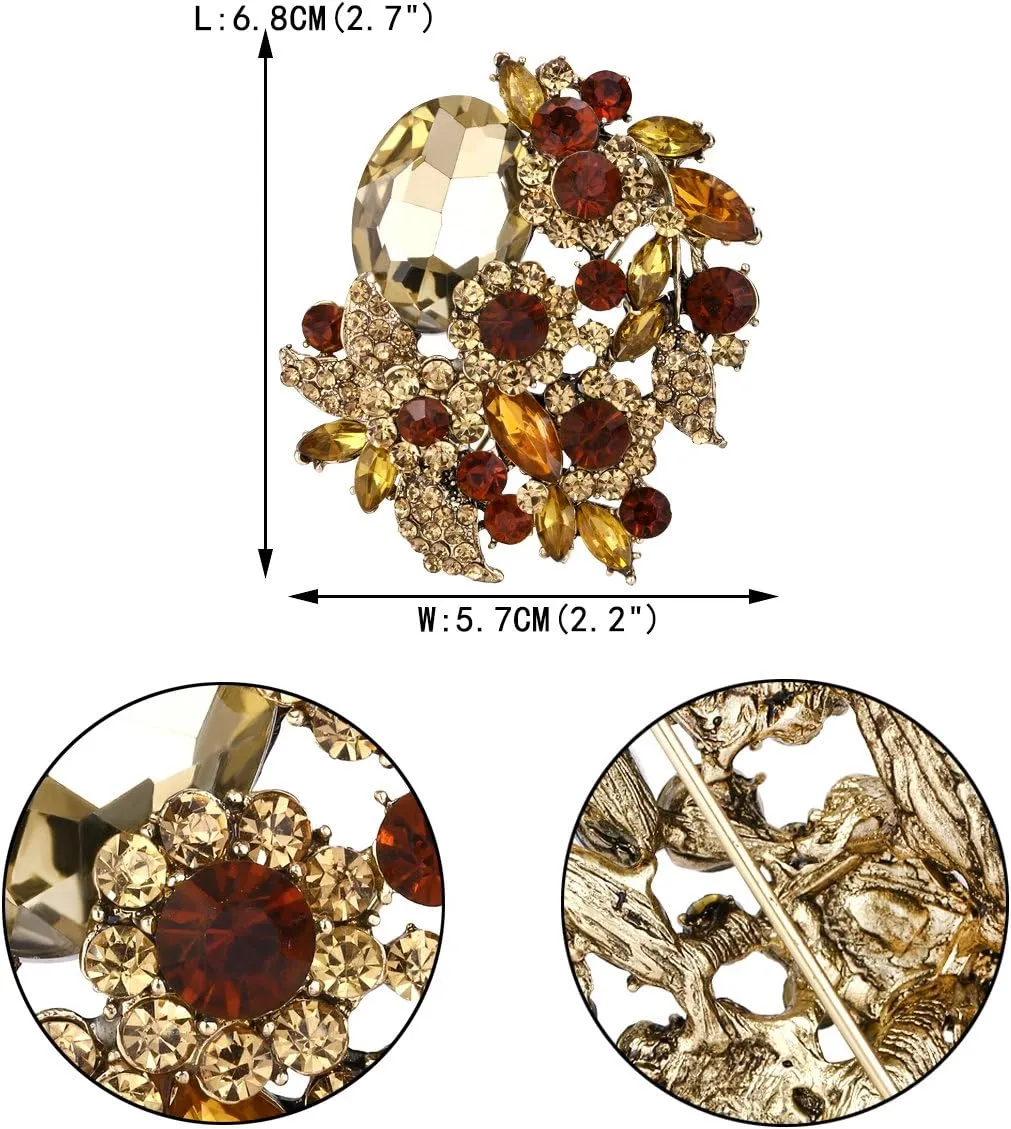 EVER FAITH Rhinestone Crystal Party Flower Leaf Vine Brooch