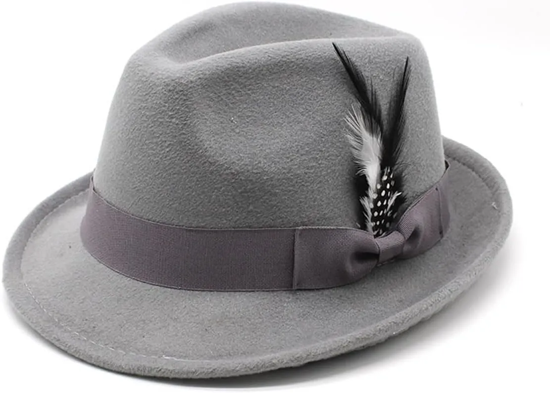 Fedora Hat for Men, Classic Short Brim Adjustable Panama Hat with Feather Winter Felt Jazz Cap