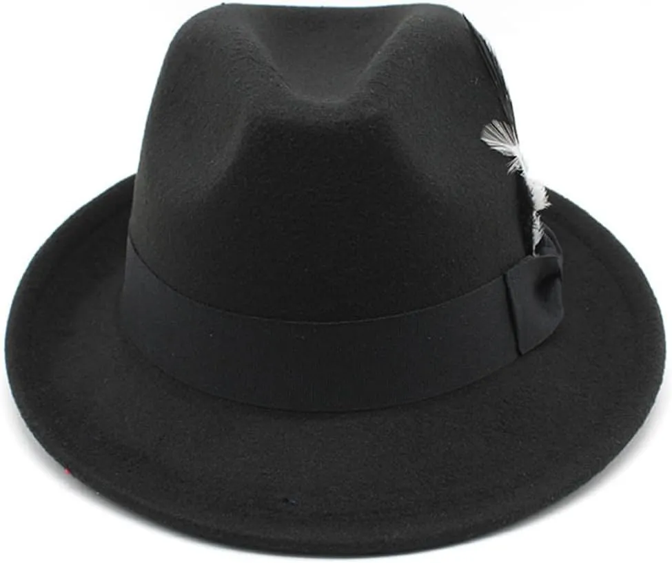 Fedora Hat for Men, Classic Short Brim Adjustable Panama Hat with Feather Winter Felt Jazz Cap