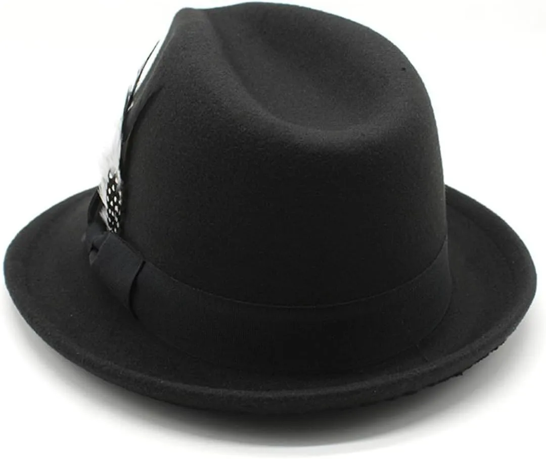 Fedora Hat for Men, Classic Short Brim Adjustable Panama Hat with Feather Winter Felt Jazz Cap