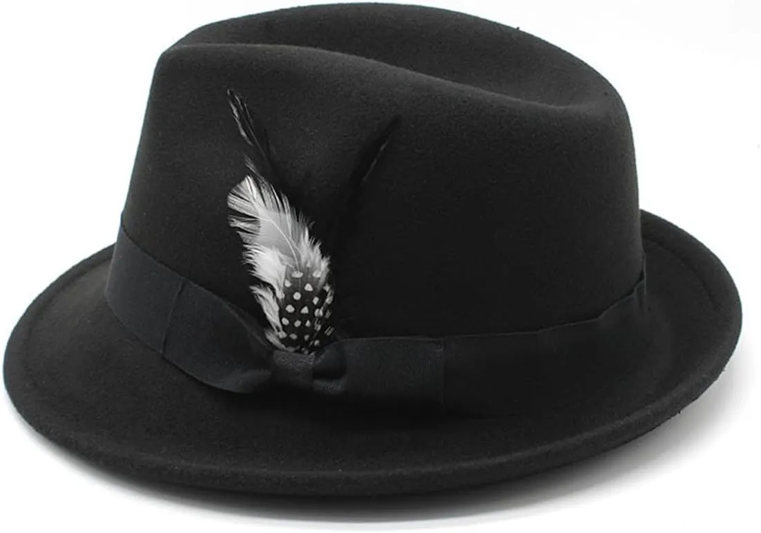 Fedora Hat for Men, Classic Short Brim Adjustable Panama Hat with Feather Winter Felt Jazz Cap
