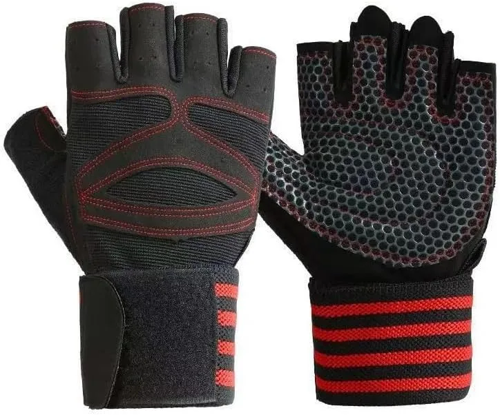 Fitness Gloves Breathable Non-Slip Outdoor Sports Riding Wriststrap Half Fingers Gloves (RED, Large)