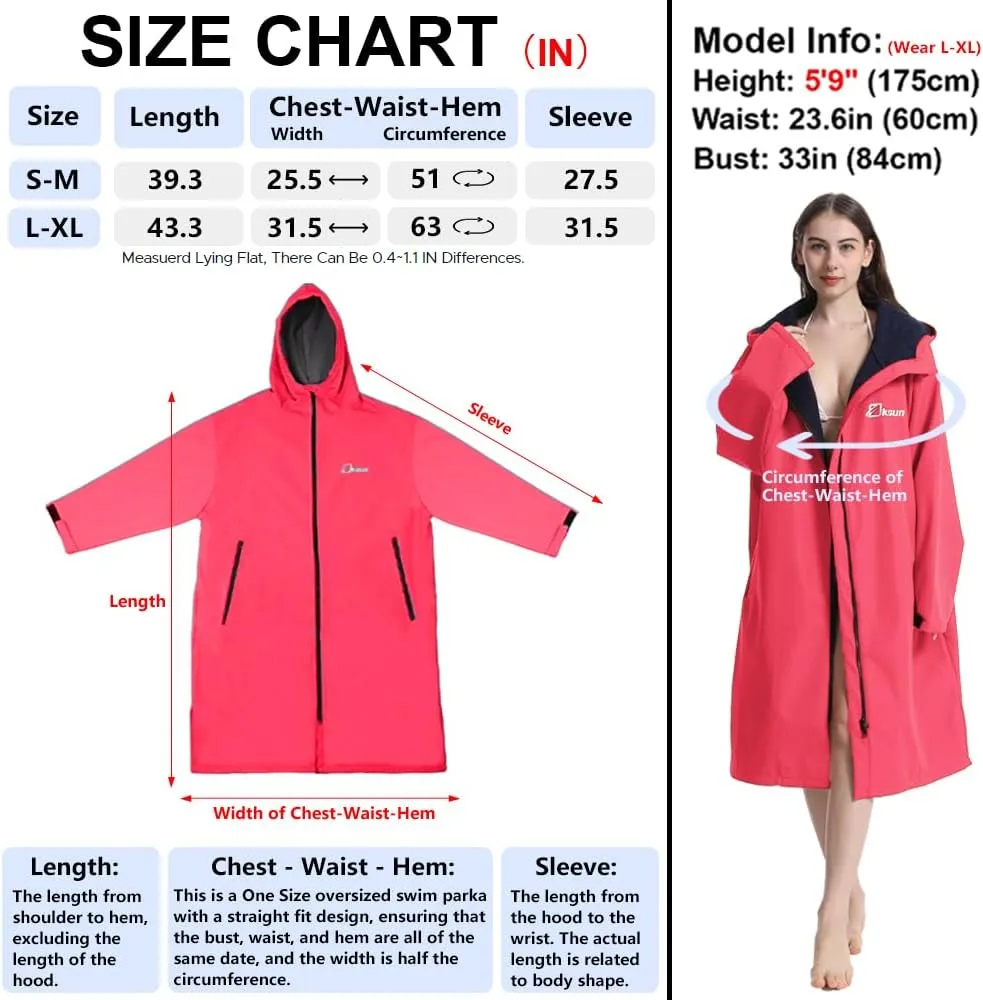 Oksun Oversized Waterproof Swim Parka: Windproof Warm Swimming Coat - Water Resistant Jacket - Thin Fleece Lined Surf Poncho