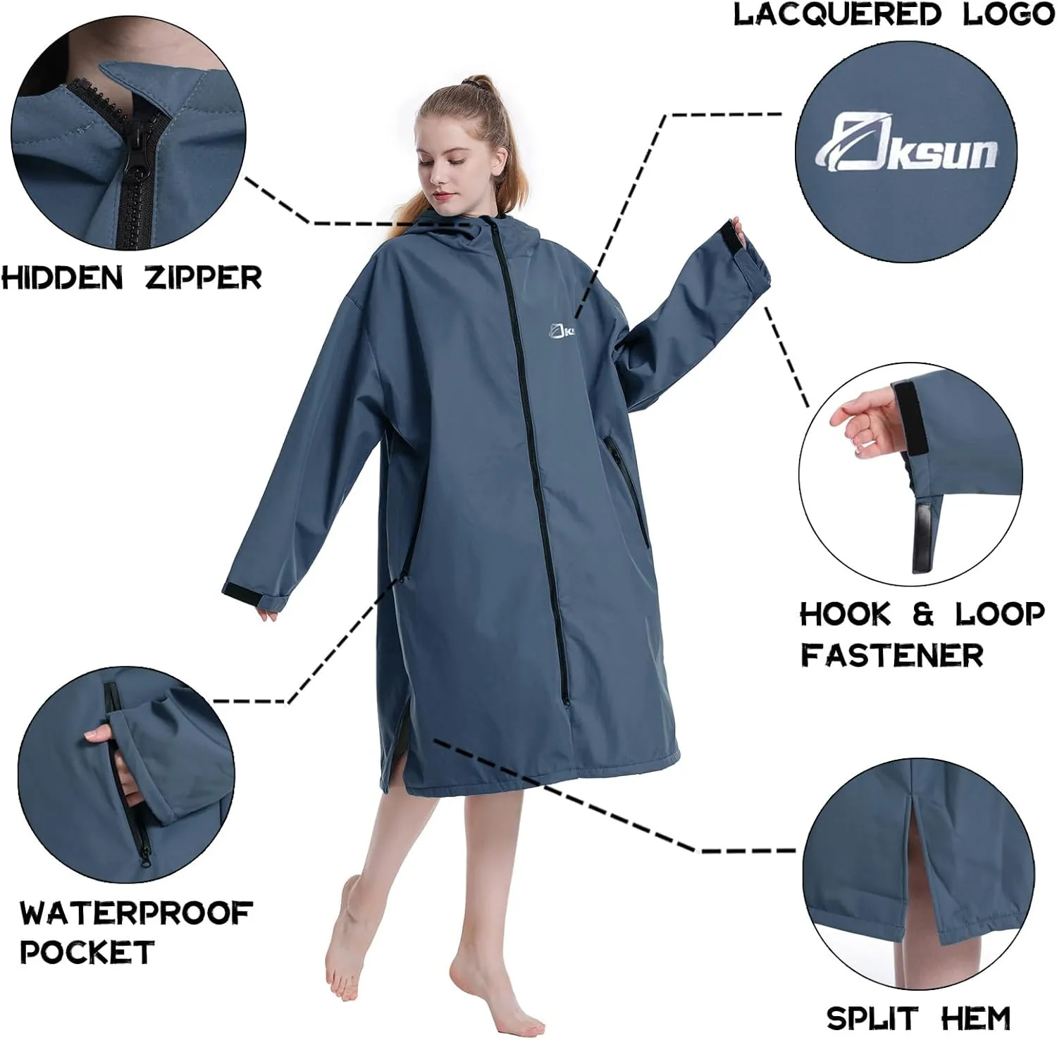 Oksun Oversized Waterproof Swim Parka: Windproof Warm Swimming Coat - Water Resistant Jacket - Thin Fleece Lined Surf Poncho