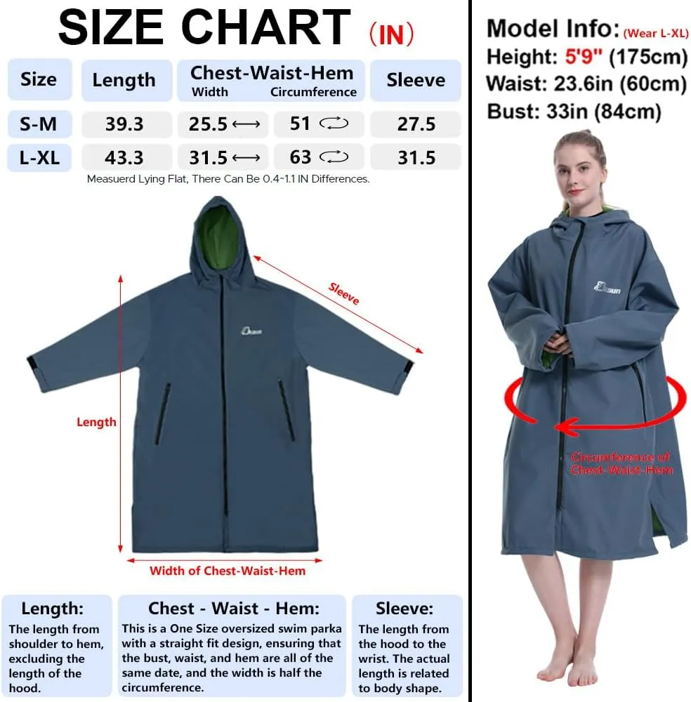 Oksun Oversized Waterproof Swim Parka: Windproof Warm Swimming Coat - Water Resistant Jacket - Thin Fleece Lined Surf Poncho