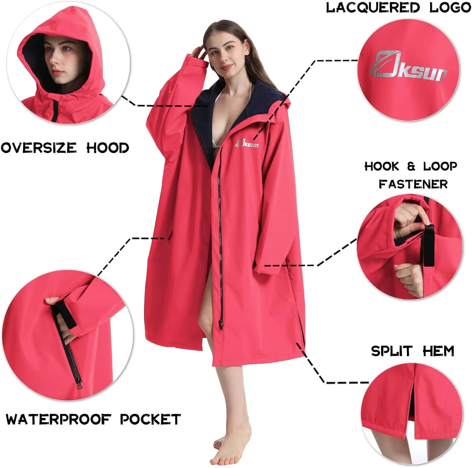Oksun Oversized Waterproof Swim Parka: Windproof Warm Swimming Coat - Water Resistant Jacket - Thin Fleece Lined Surf Poncho
