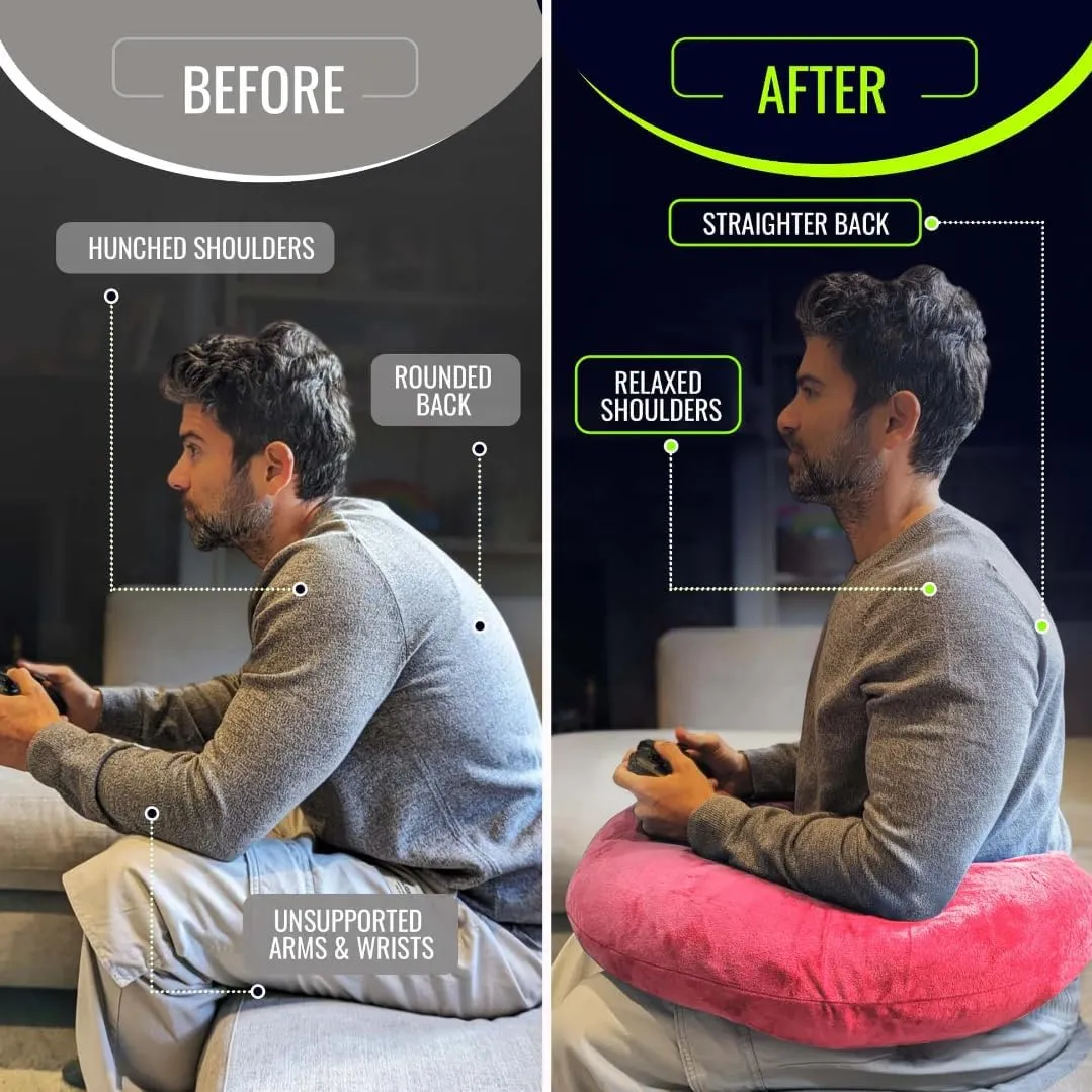 Rare Gaming Pillow | Ergonomic Gaming Lap Pillow Provides Wrist & Elbow Support, Reduces Shoulder & Neck Pressure | Plush Arm Rest Pillow with a Washable Cover & Easy-Storage Clip, (Pink)