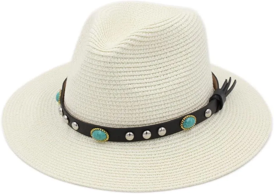 Straw Panama Hats Women Wide Brim Fedora Cap Summer Beach Fedora Sun Hat UPF with Turquoise Leather Band