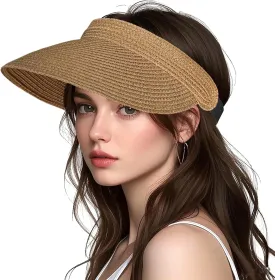 Women Foldable Sun Visor Hat Adjustable Straw Ponytail Summer Beach Cap UV Protection