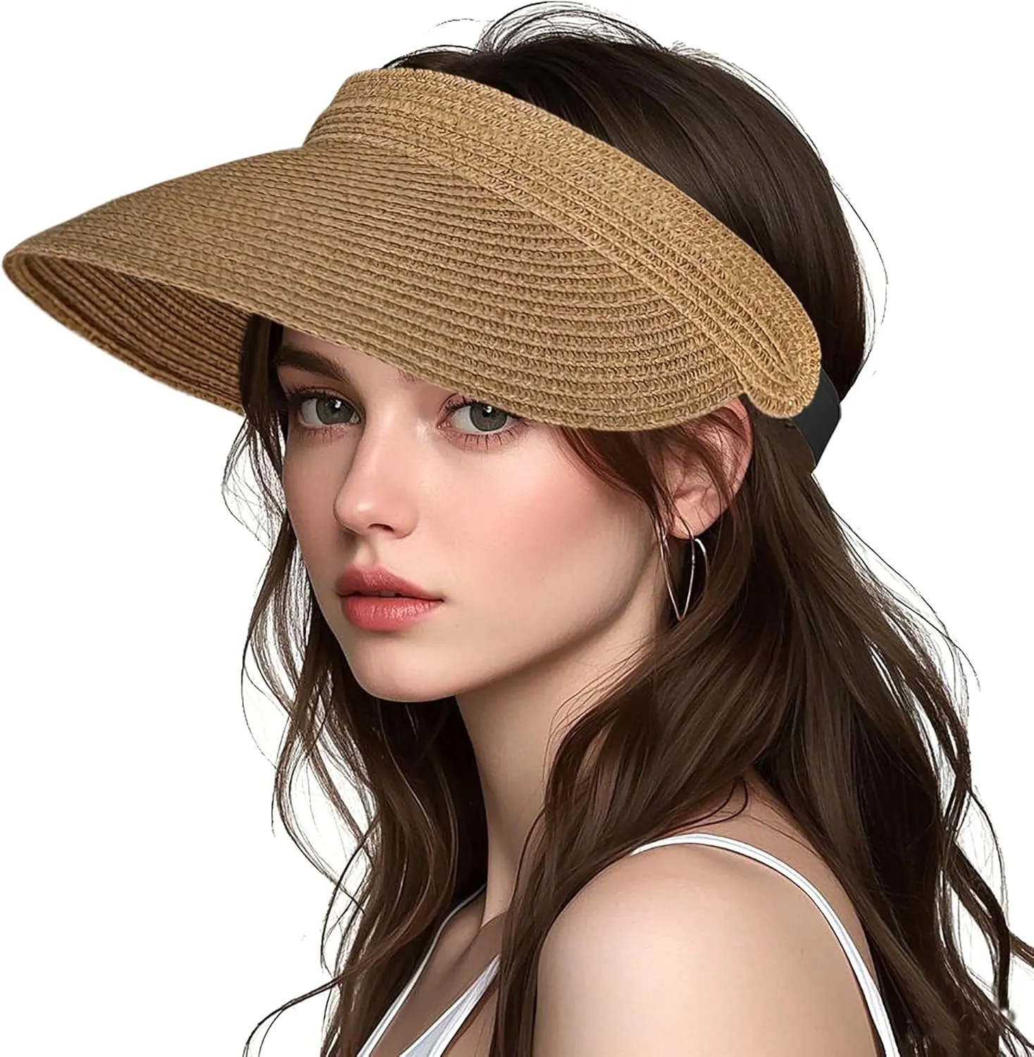 Women Foldable Sun Visor Hat Adjustable Straw Ponytail Summer Beach Cap UV Protection