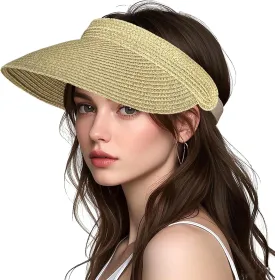 Women Foldable Sun Visor Hat Adjustable Straw Ponytail Summer Beach Cap UV Protection